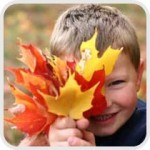boy holding fall leaves